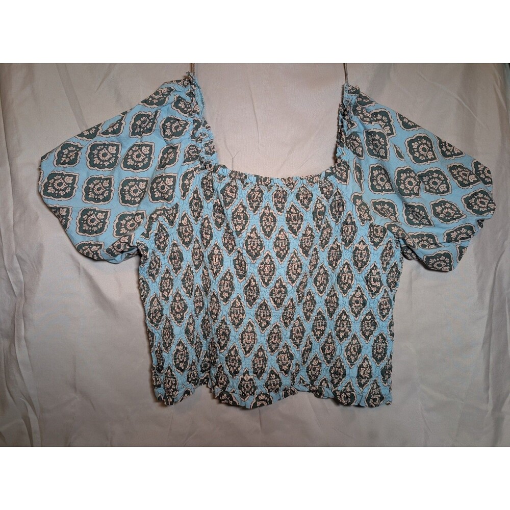 Maurices Womens Medallion Cotton Smocked Puff Sleeve Shirt Top Teal 2X NWT